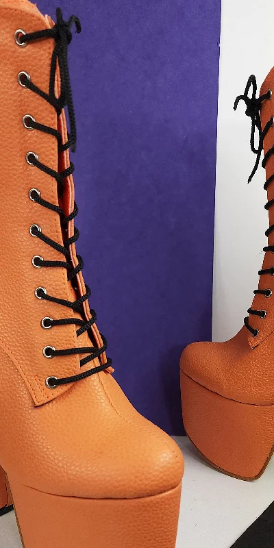 Orange Matte Lace Up Chunky Heel Boots