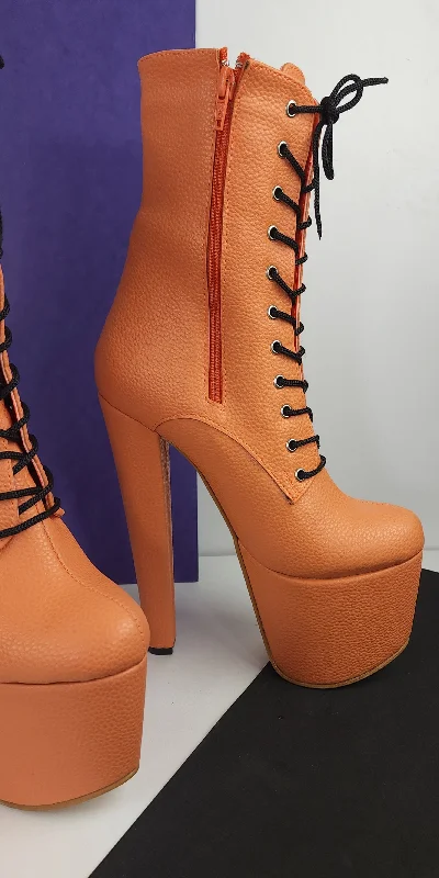 Orange Matte Lace Up Chunky Heel Boots