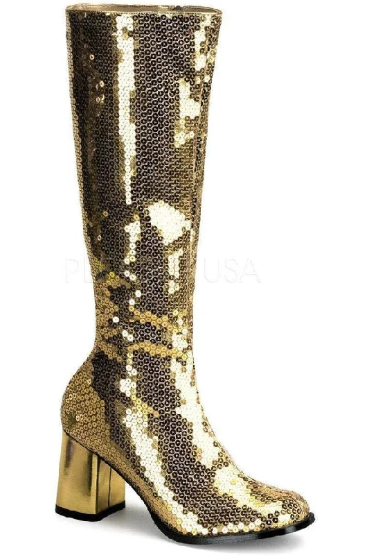 SPECTACUL-300SQ Knee Boot | Gold Sequins