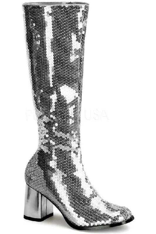 SPECTACUL-300SQ Knee Boot | Silver Sequins