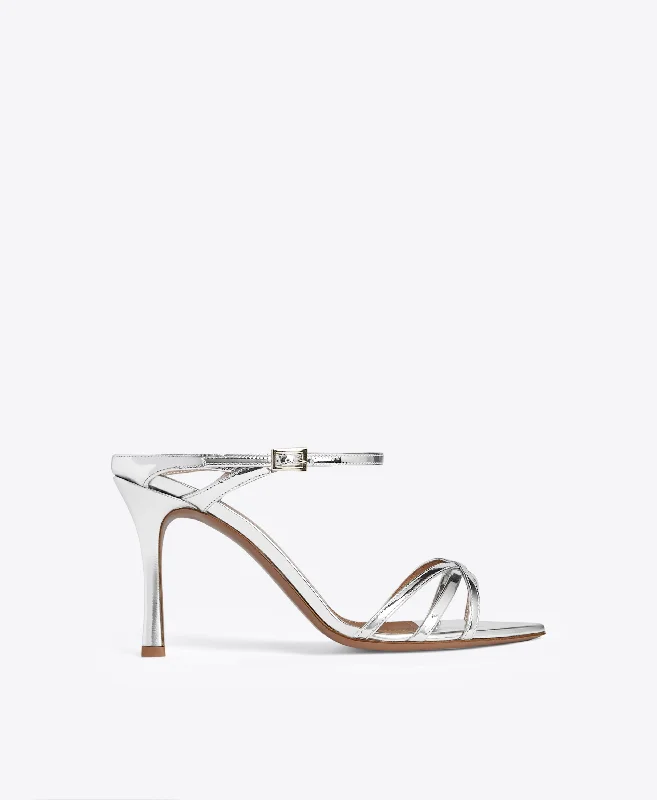 Yuna 90 - Silver Mirror Leather Sandals with Mini Straps