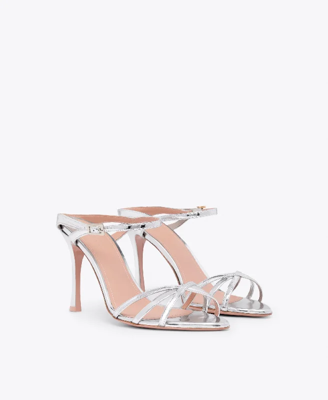 Yuna 90 - Silver Mirror Leather Sandals with Mini Straps