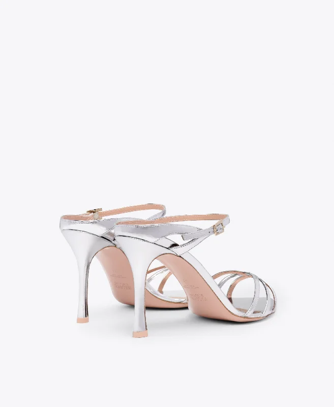 Yuna 90 - Silver Mirror Leather Sandals with Mini Straps