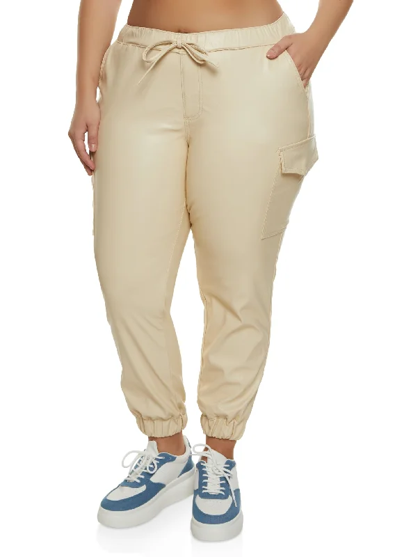 Plus Size Faux Leather Cargo Joggers