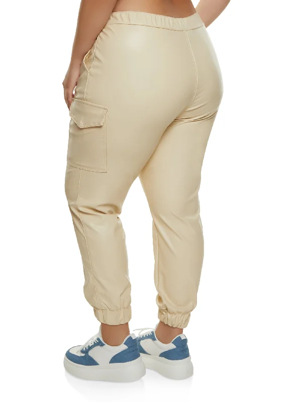 Plus Size Faux Leather Cargo Joggers