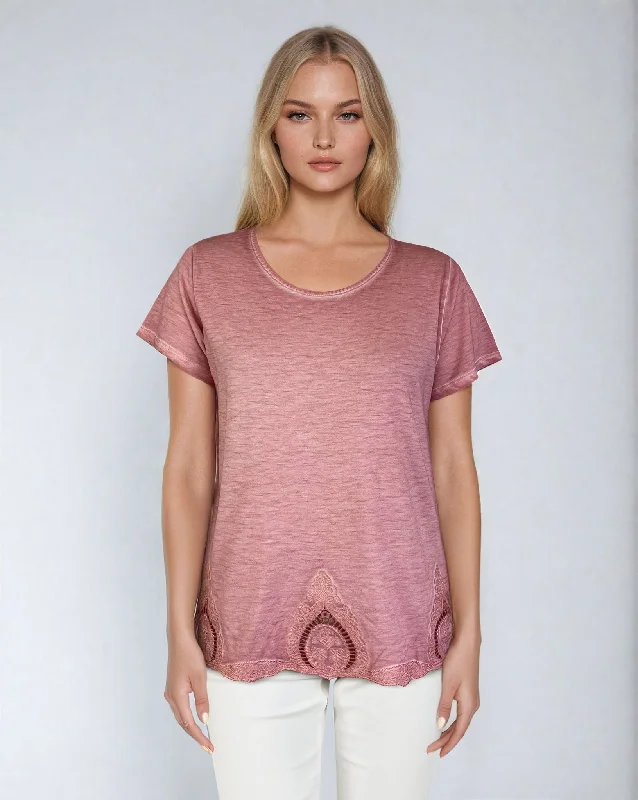 Oil Dye Embroidered Hem Top (D190242) Cashmere Rose