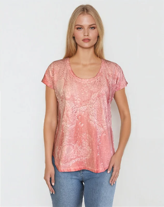 Scoop Neck Short Sleeve Tea Dye Top with Curved Hem (D190738S) Ripe Peach