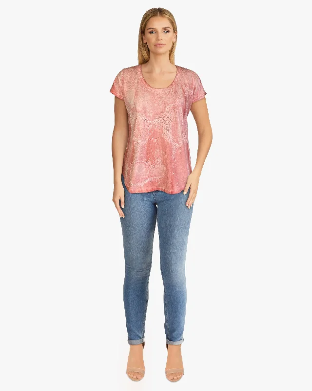 Scoop Neck Short Sleeve Tea Dye Top with Curved Hem (D190738S) Ripe Peach