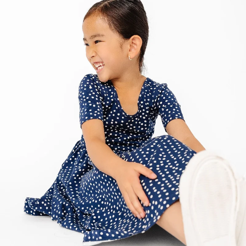 The Short Sleeve Ballet Dress in Navy Dot