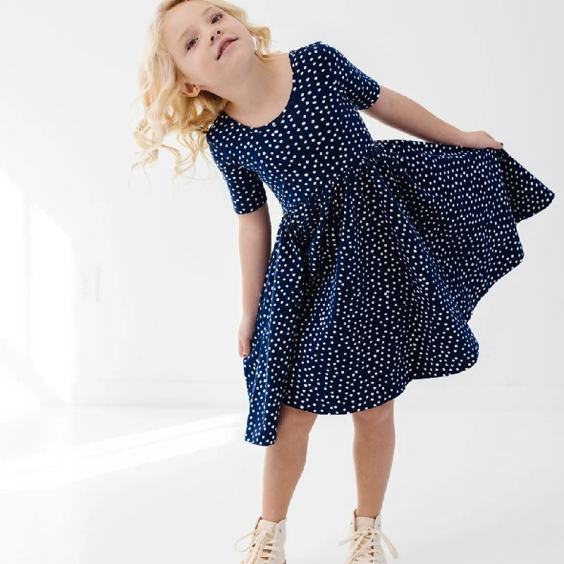 The Short Sleeve Ballet Dress in Navy Dot