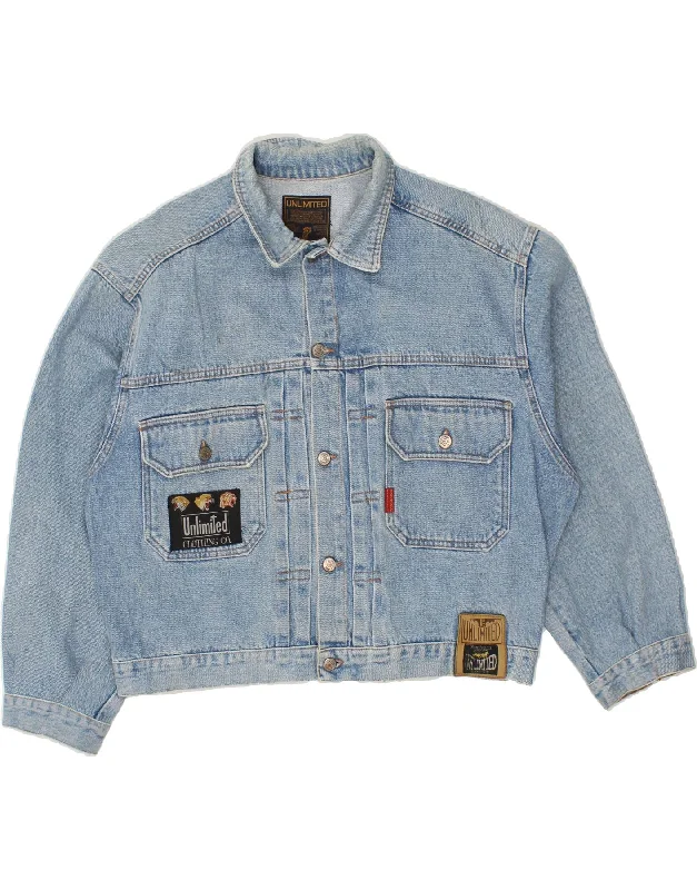 Designer Men's OvercoatsUNLIMITED Mens Graphic Denim Jacket UK 44 XL Blue Cotton