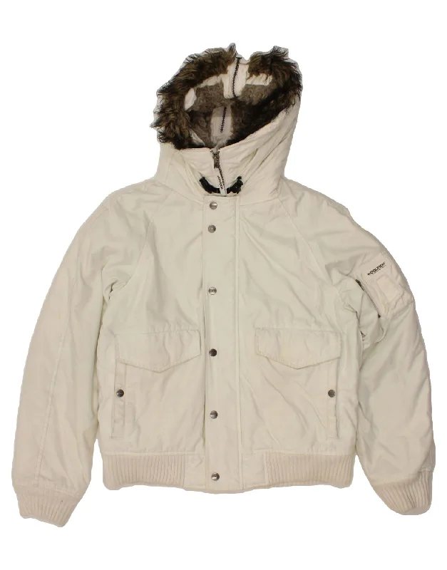 Men's Coats with Magnetic ClosuresWOOLRICH Mens Hooded Bomber Jacket UK 40 Large White Nylon Men's Coats with Magnetic ClosuresWOOLRICH Mens Hooded Bomber Jacket UK 40 Large White Nylon